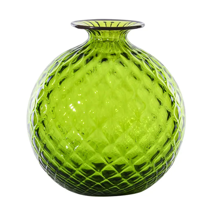 Monofiori Balloton By Venini, shown in grass green and lime green with blown glass and a narrow neck aperture.