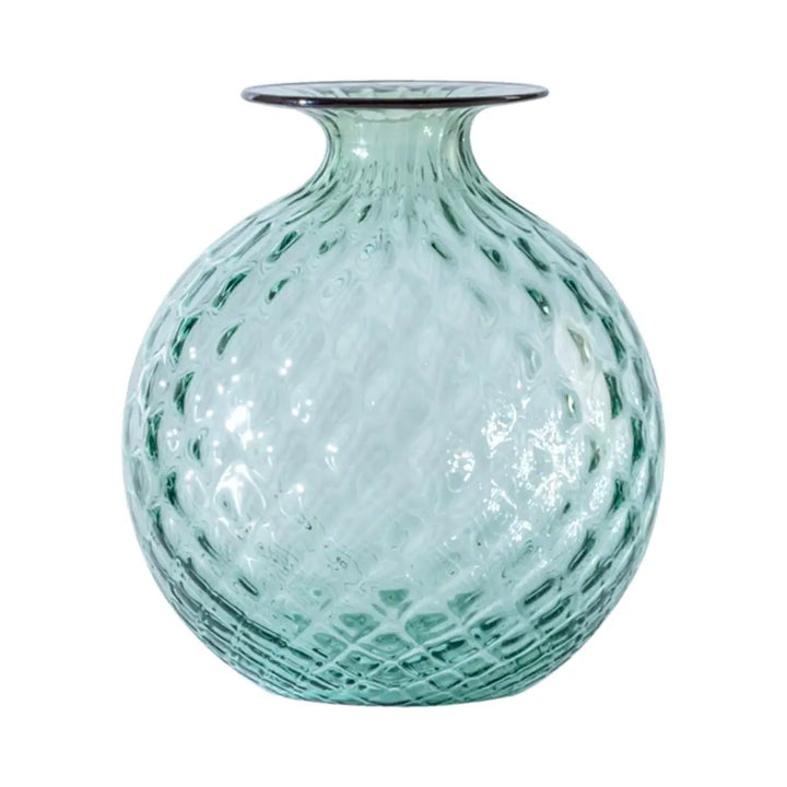 Monofiori Balloton By Venini, shown in seafoam green and pale aqua with blown glass and open narrow neck for stems.