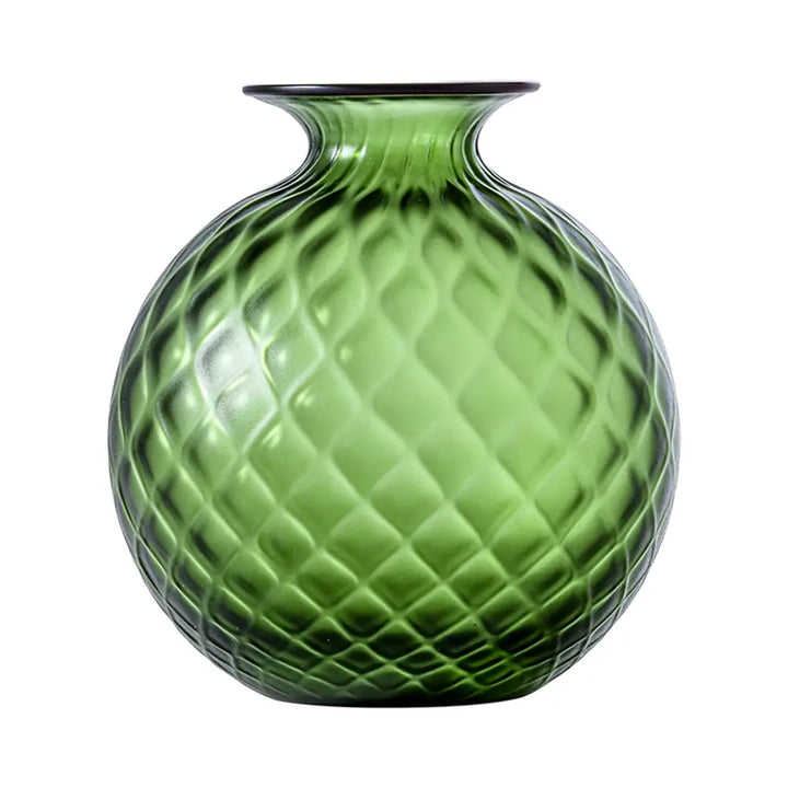 Monofiori Balloton By Venini, shown in apple green and forest green with blown glass and open flared rim for stems.