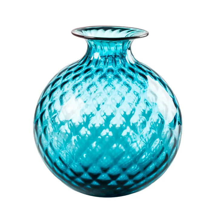 Monofiori Balloton By Venini, shown in turquoise and aqua blue with blown glass and open top vessel.