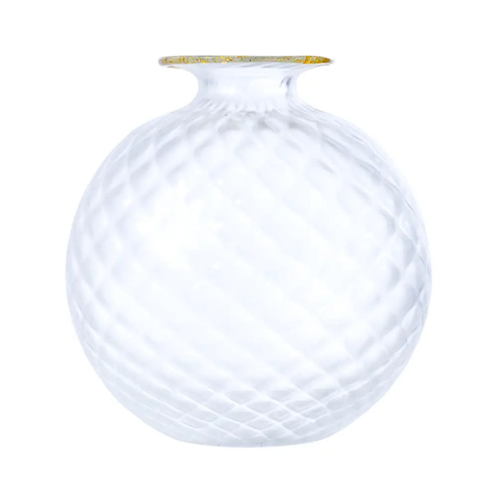 Monofiori Balloton By Venini, shown in clear and transparent with blown glass, gold leaf, and narrow neck opening.