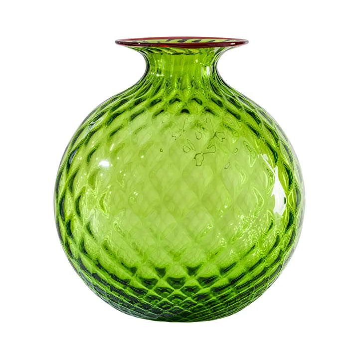 Monofiori Balloton By Venini, shown in grass green and lime green with blown glass and open flared mouth for floral stems.