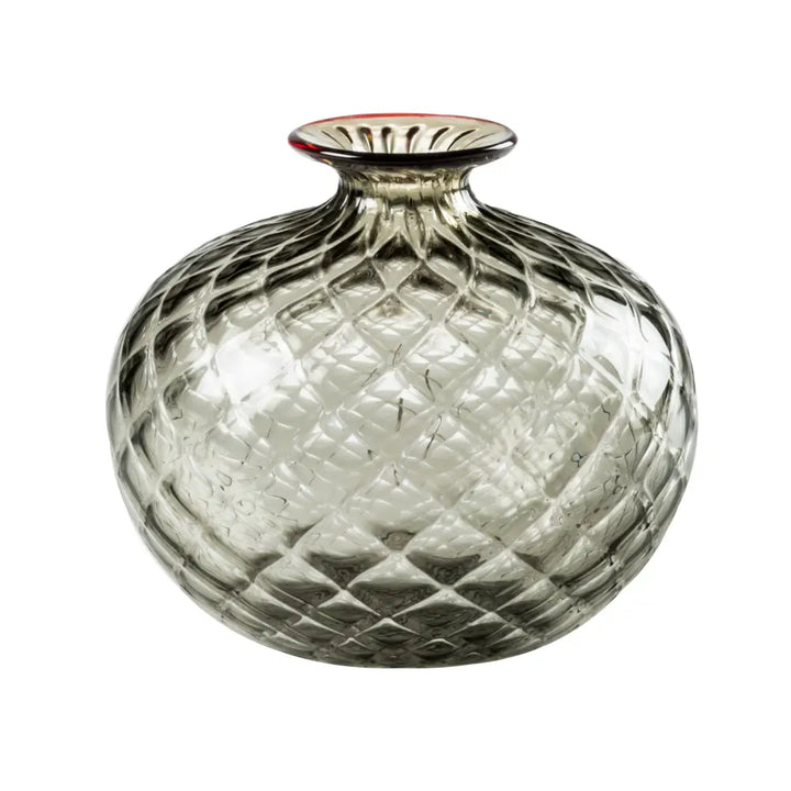 Monofiori Balloton By Venini, shown in smoky grey and clear with blown glass and open top vessel.
