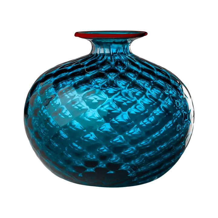 Monofiori Balloton By Venini, shown in turquoise and teal blue with blown glass and open narrow aperture for stems.