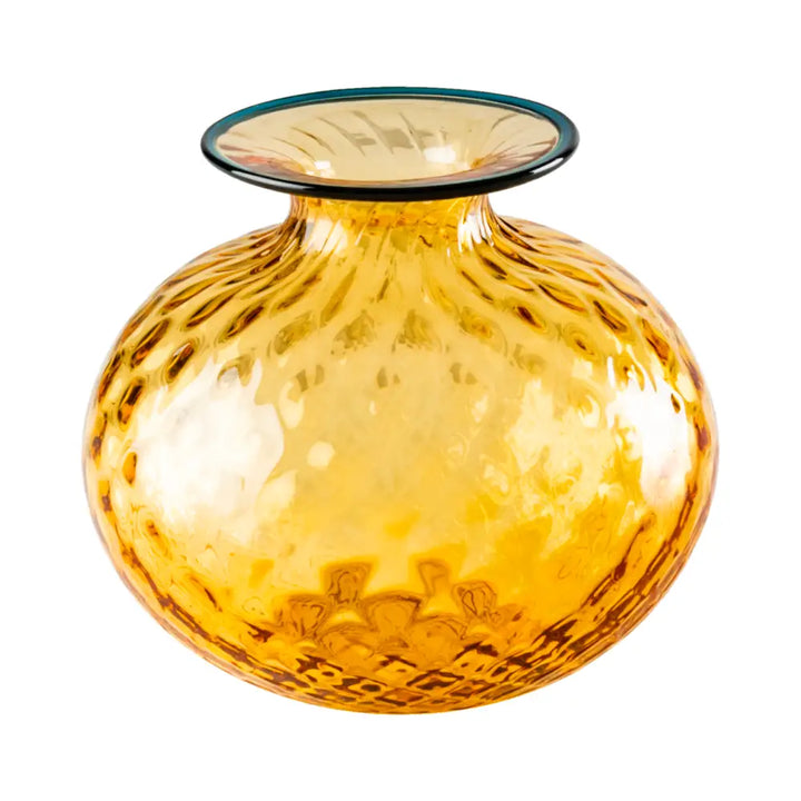 Monofiori Balloton By Venini, shown in amber and golden yellow with blown glass and open wide mouth for floral stems.
