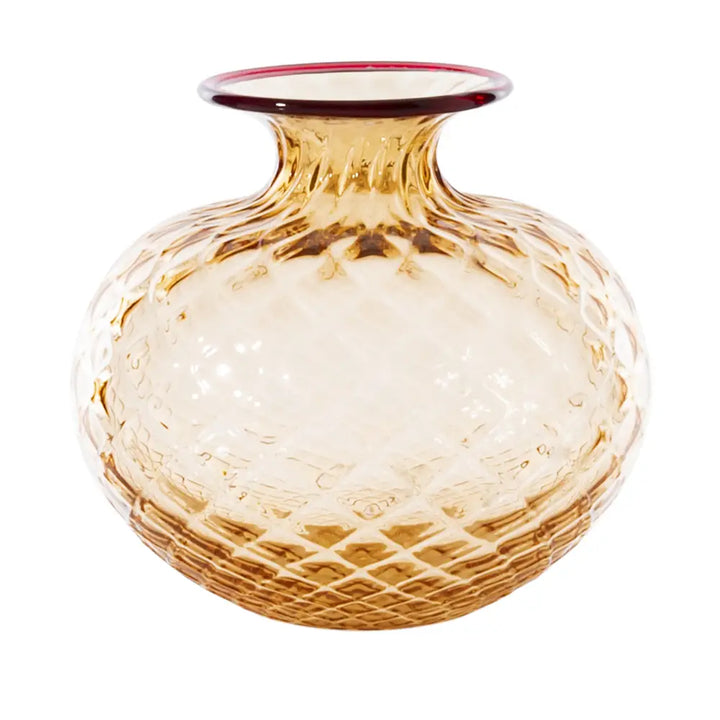 Monofiori Balloton By Venini, shown in amber and peach with blown glass, murano glass, and open flared mouth for stems.