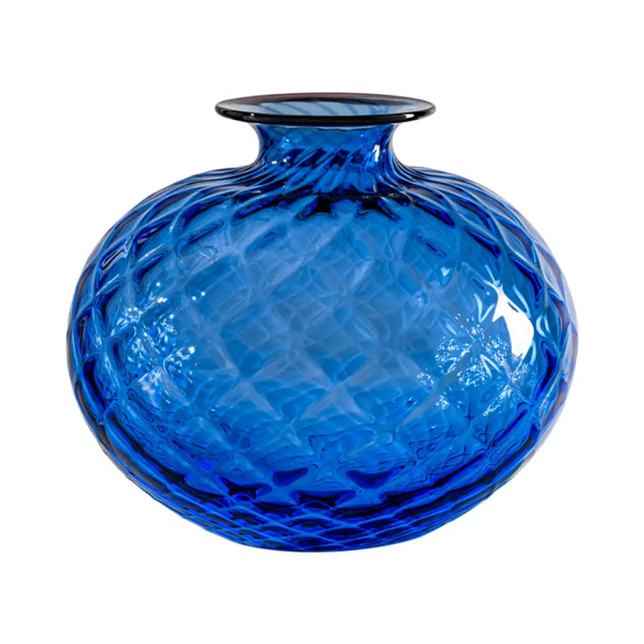 Monofiori Balloton By Venini, shown in sapphire blue and cobalt blue with blown glass and open narrow neck for stems.