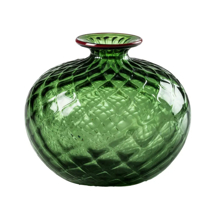 Monofiori Balloton By Venini, shown in apple green and forest green with glass and a narrow circular aperture.