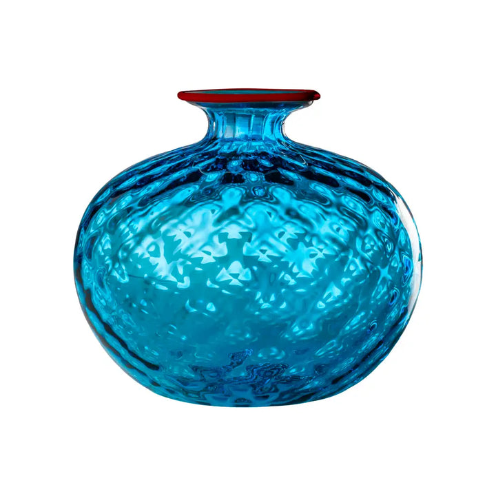 Monofiori Balloton By Venini, shown in aquamarine and cyan blue with blown glass and open narrow neck for stems.