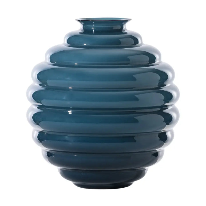 Deco Vase by Venini, shown in teal and deep blue-green with glass and open vessel mouth.