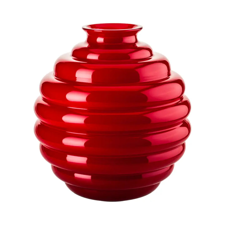 Deco Vase by Venini, shown in red with glass and open neck aperture for stems.