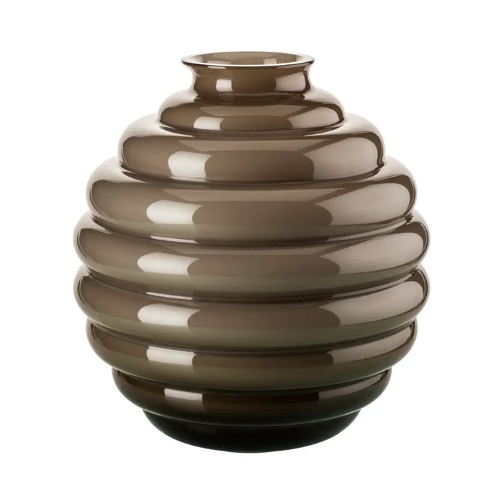 Deco Vase by Venini, shown in taupe grey and warm grey with glass and open top aperture for stems.
