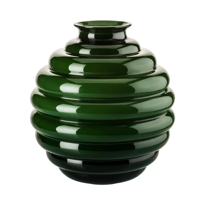 Deco Vase by Venini, shown in apple green and deep emerald green with blown glass.