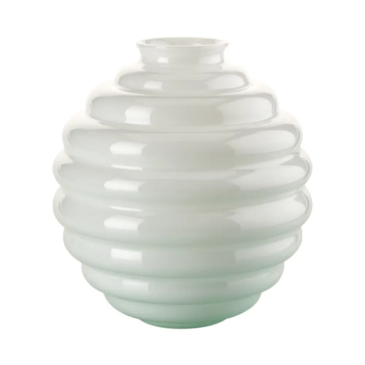 Deco Vase by Venini, shown in milk white with glass and open top vessel.