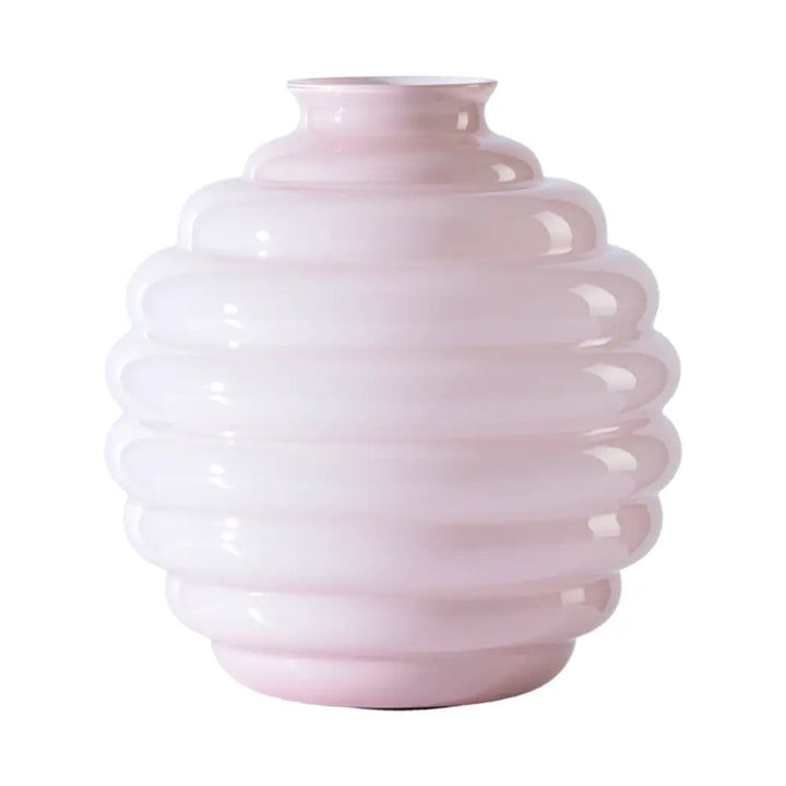 Deco Vase by Venini, shown in pale pink and cipria pink with glass and open neck aperture for stems.