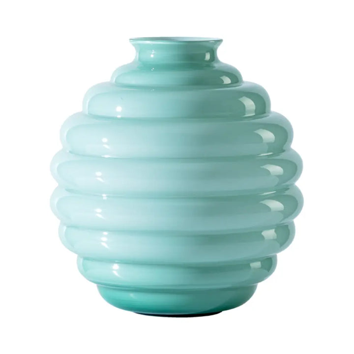 Deco Vase by Venini, shown in mint green and aqua with glass and open neck aperture for stems.