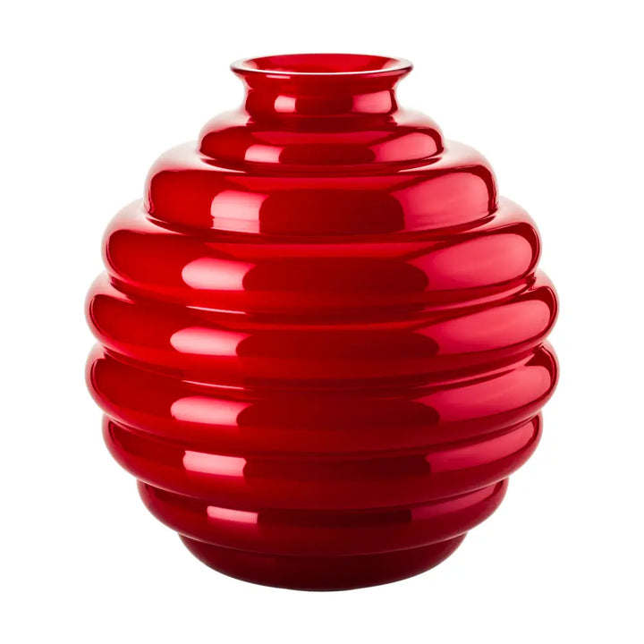 Deco Vase by Venini, shown in red with glass and open neck for stems.