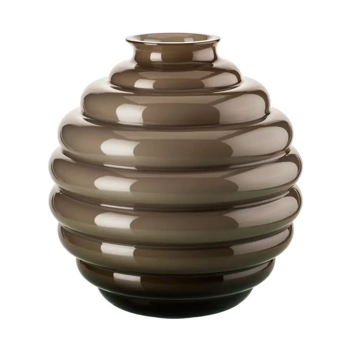 Deco Vase by Venini, shown in taupe grey and smoky brown-grey with blown glass and open circular neck for stems.