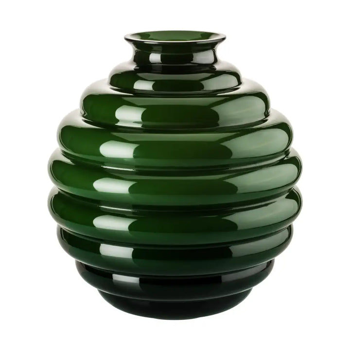 Deco Vase by Venini, shown in glossy apple green with blown glass and open top vessel.