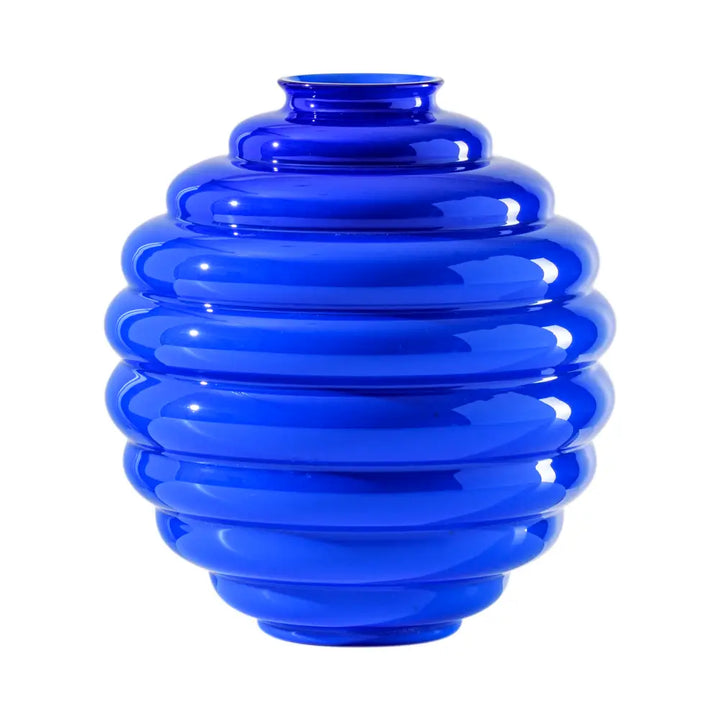 Deco Vase by Venini, shown in sapphire blue and cobalt blue with glass and open neck vessel opening.