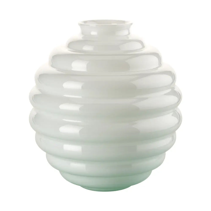 Deco Vase by Venini, shown in milk white and white with blown glass and open circular neck for floral or stem arrangements.