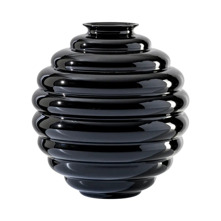 Deco Vase by Venini, shown in black with glass and open top vessel.