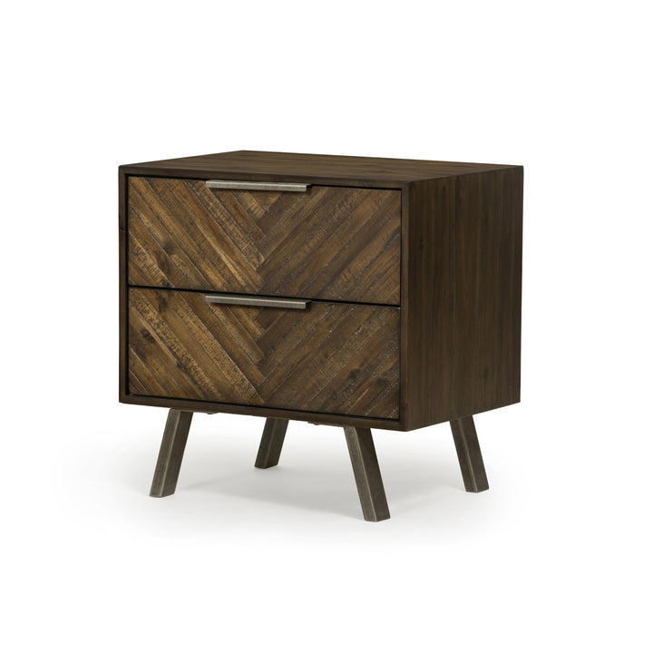 Four Hands Harrington two-drawer nightstand in hazel acacia with weathered-pewter hardware