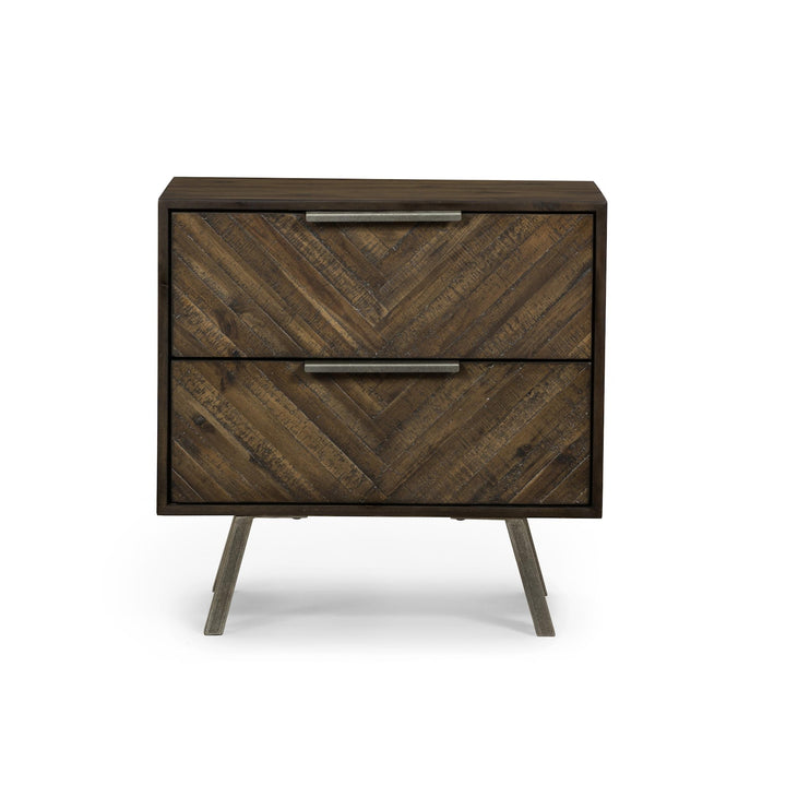 Front view of the Harrington Nightstand showing chevron-pattern drawer fronts and angled legs