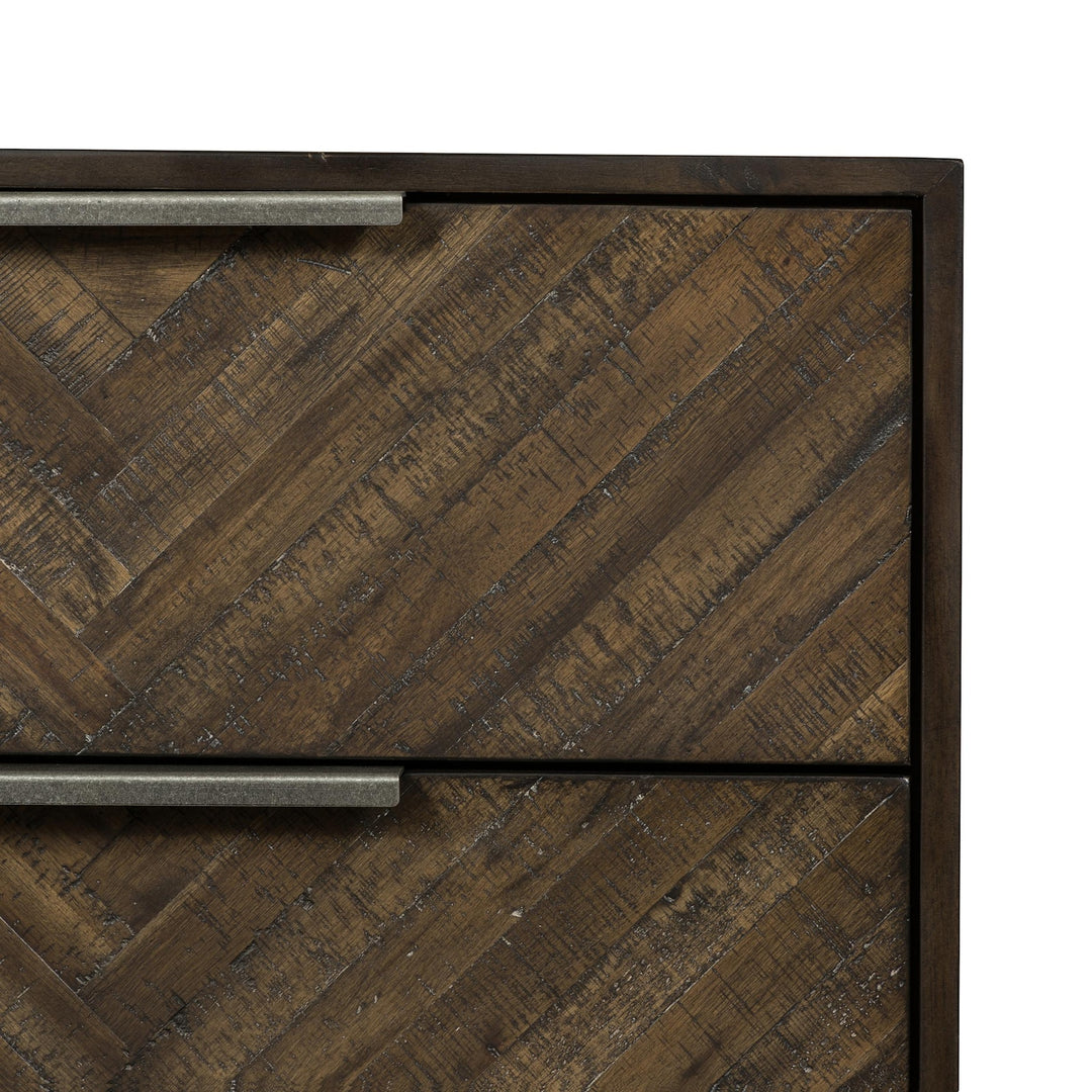 Close-up of the Harrington Nightstand chevron wood pattern and weathered-pewter drawer pulls