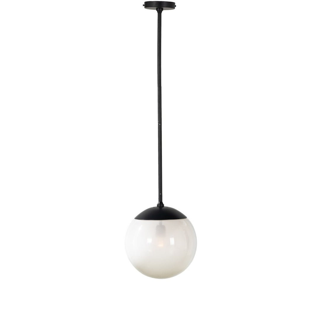 Sutton Small Pendant illuminated, showing the frosted glass globe and black stem
