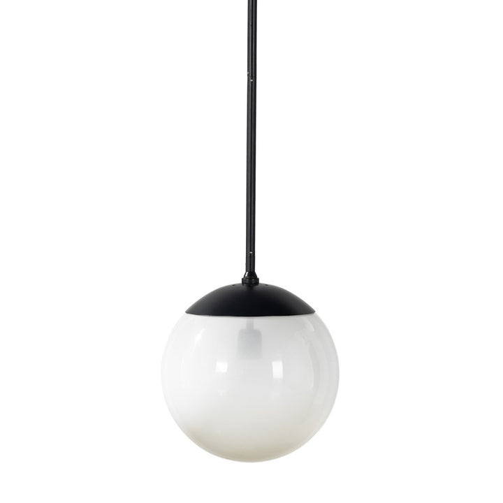 Close-up of the Sutton Small Pendant frosted glass globe and black cap