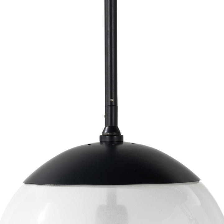 Detail of the Sutton Small Pendant black metal stem and globe cap