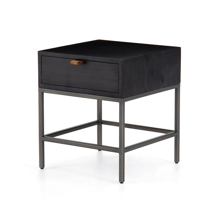 Four Hands Trey End Table in black wash poplar with natural iron base and toffee leather pull