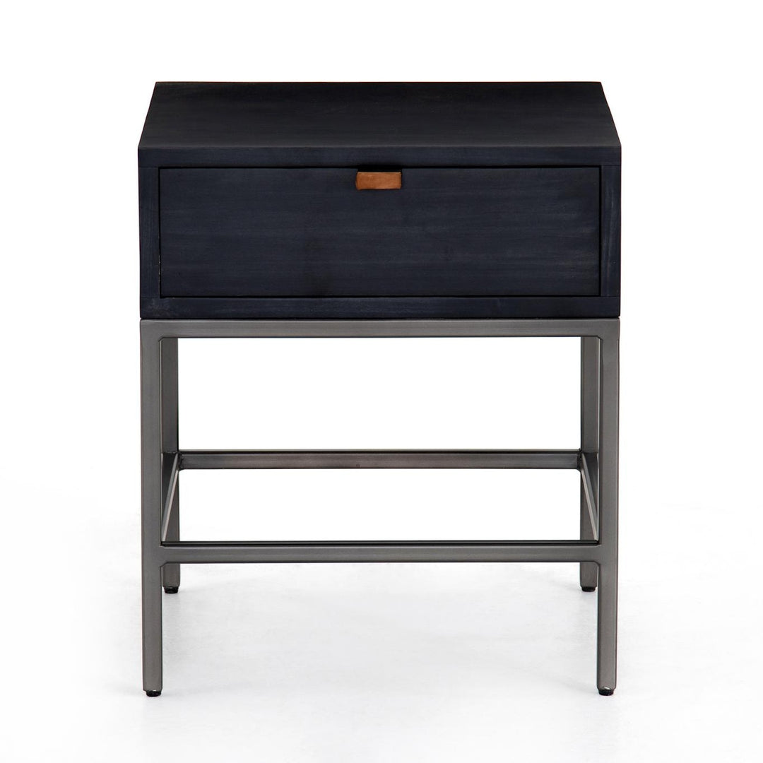 Front view of the Trey End Table showing its single drawer and leather pull