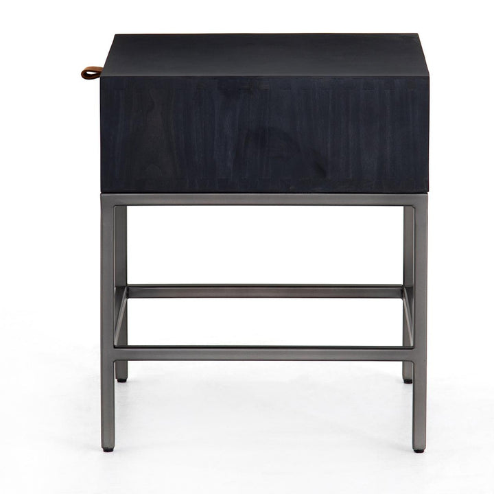 Side view of the Trey End Table black wash poplar cabinet and iron frame
