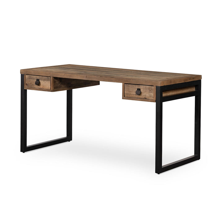 Four Hands Woodenforge Desk in reclaimed wood with antique black iron legs, three-quarter view