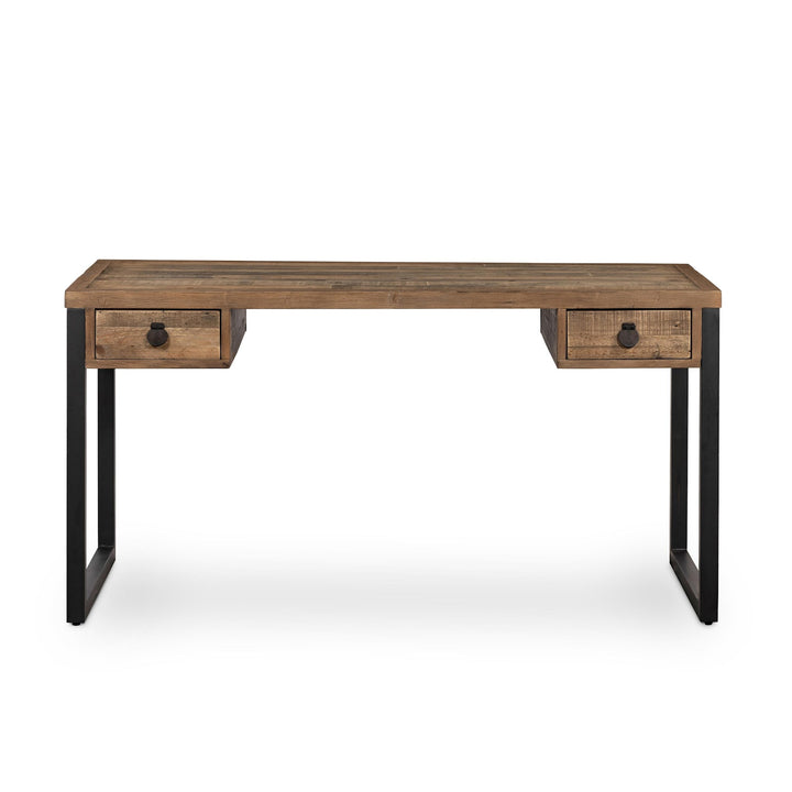 Front view of the Woodenforge Desk showing two drawers and open iron legs