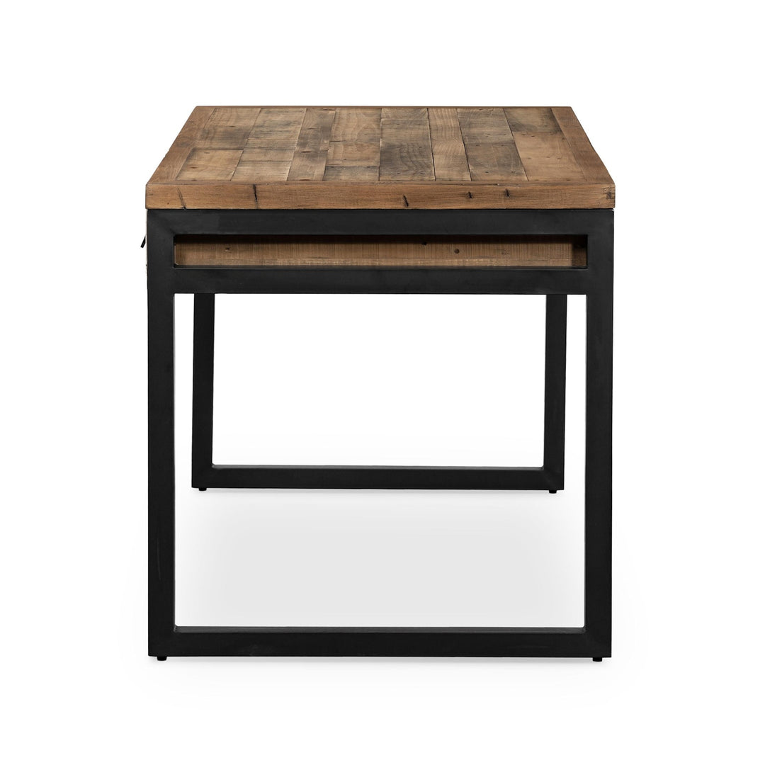 Side view of the Woodenforge Desk showing the reclaimed wood top and antique black iron base