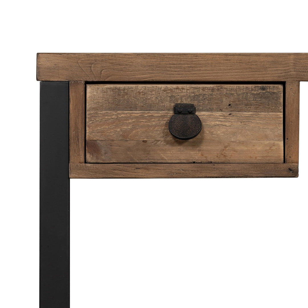 Close-up of the Woodenforge Desk reclaimed wood drawer and dark metal pull