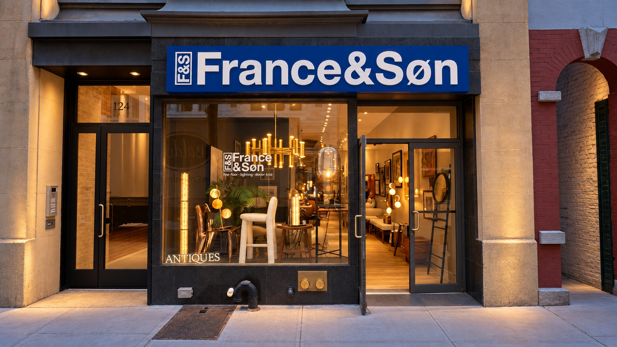 France & Son Chelsea storefront, AI-retouched evening lighting