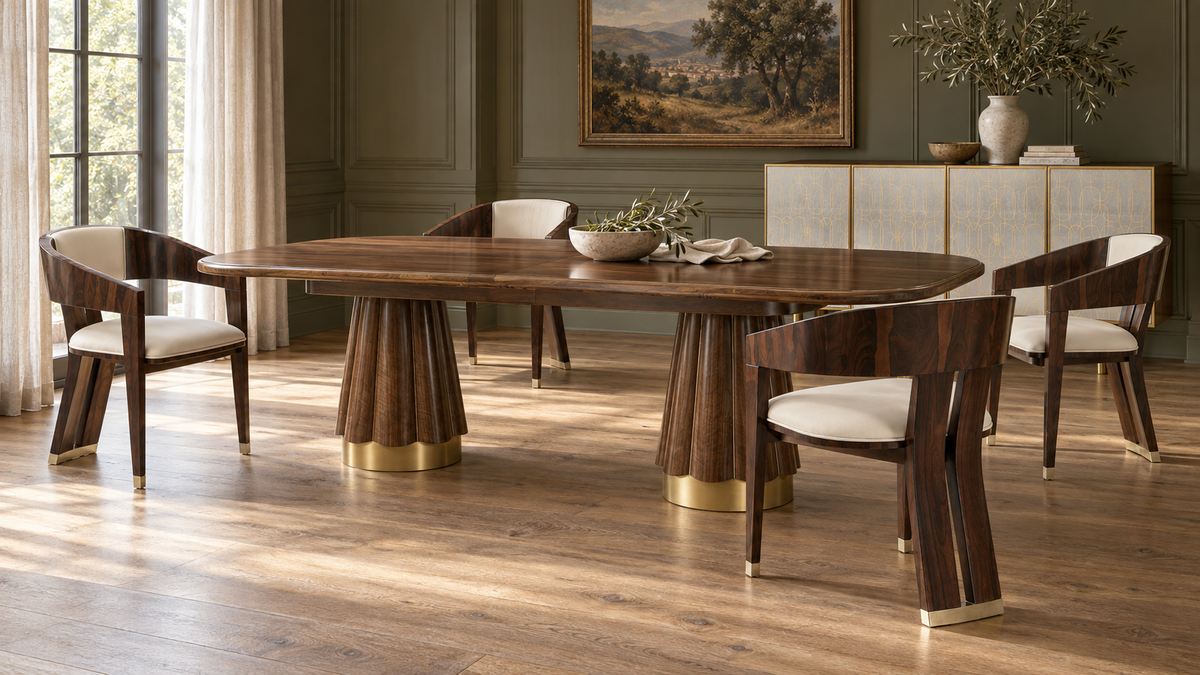 Dining room with peplum dining table, jonathan charles ziricote dining arm chair, bohemia buffet in natural daylight