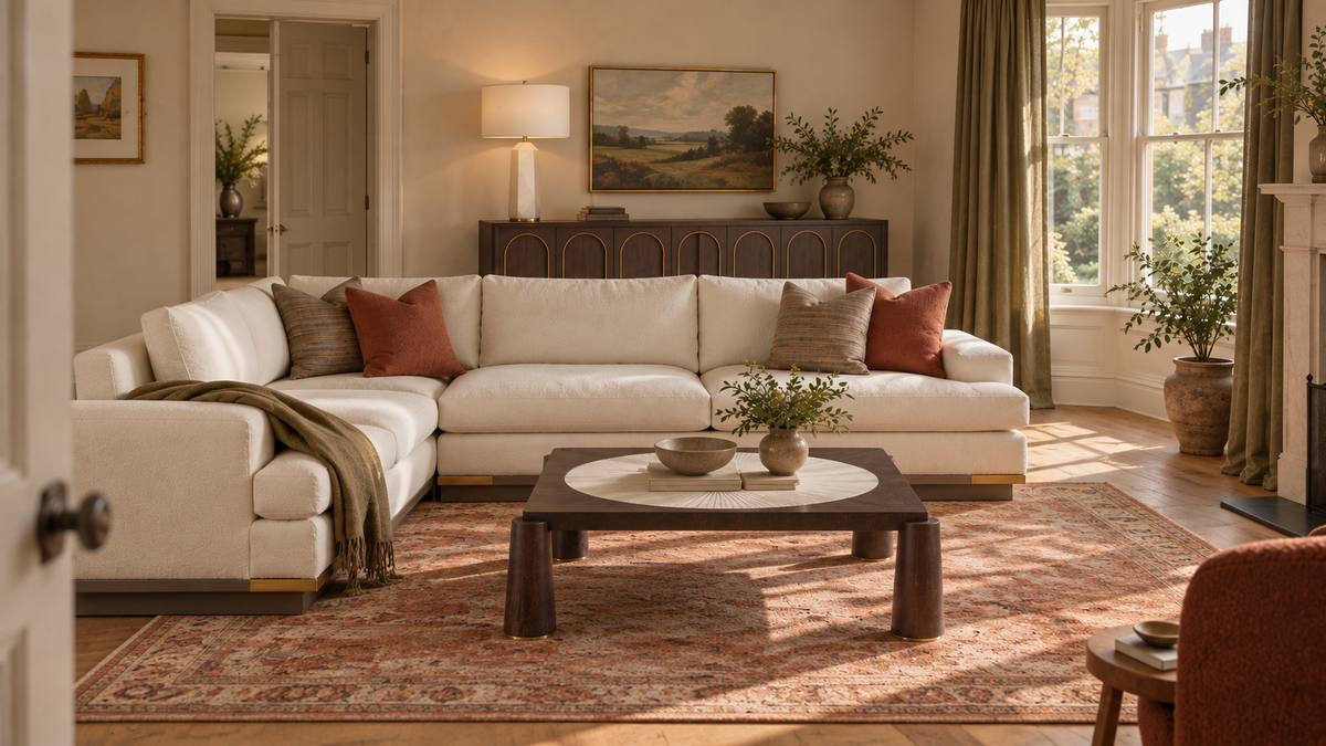 Living room with brera sectional, cirque cocktail table, rome credenza, onyx table lamp tall in natural daylight
