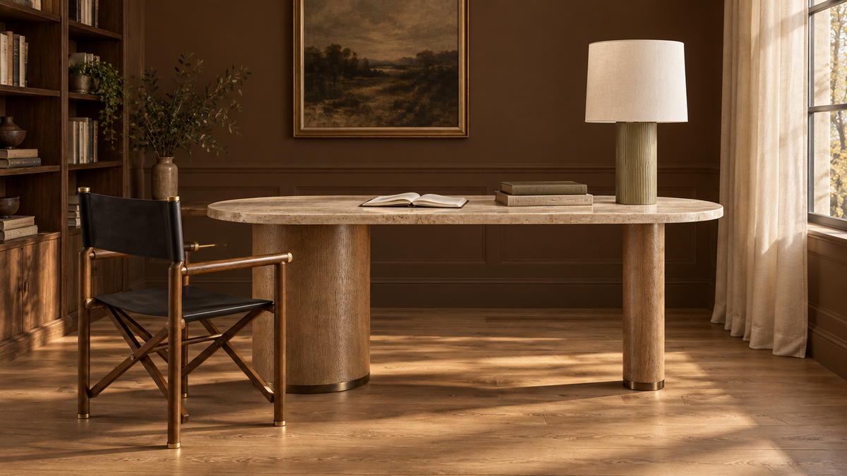 Study with palermo desk, ta42043 0dxc theodore alexander, aura table lamp in natural daylight