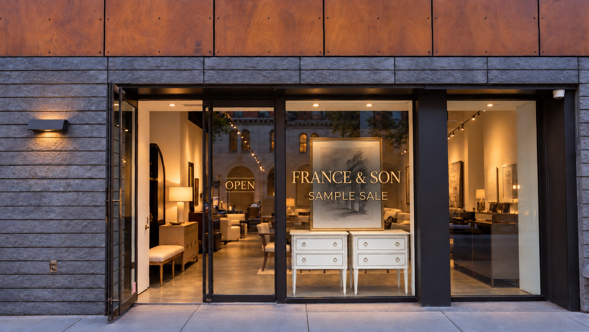 France & Son Highline storefront, AI-retouched signage and evening lighting