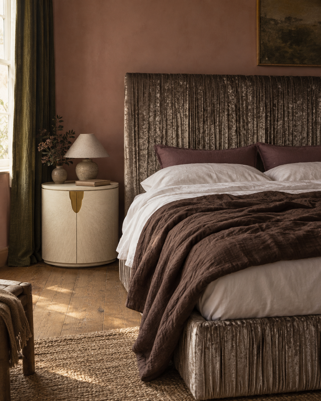 Baker Fosser ruched upholstered bed and Dover bedside table in a softly lit terracotta bedroom.