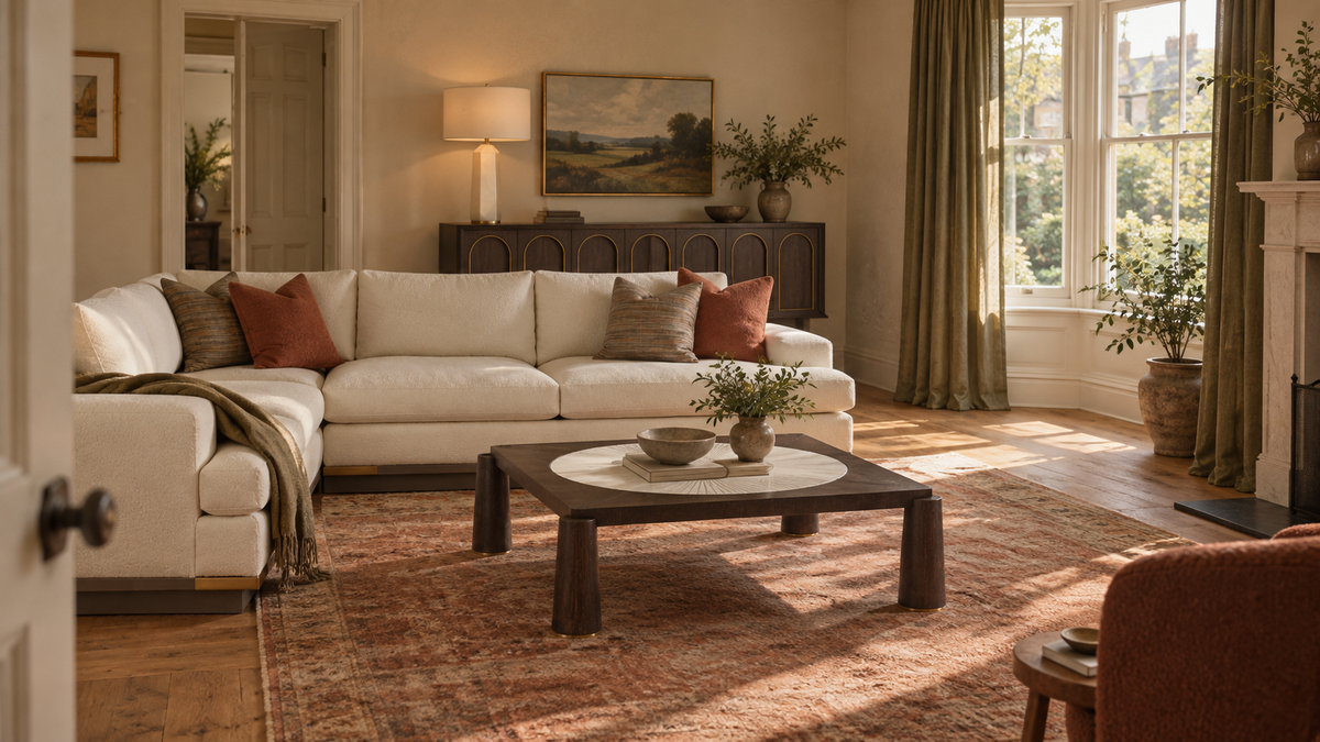 Ivory Brera sectional with Baker Cirque table, Rome credenza and onyx lamp in warm natural light.