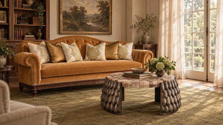 Ochre velvet sofa and sculptural coffee table in a warmly layered living room.