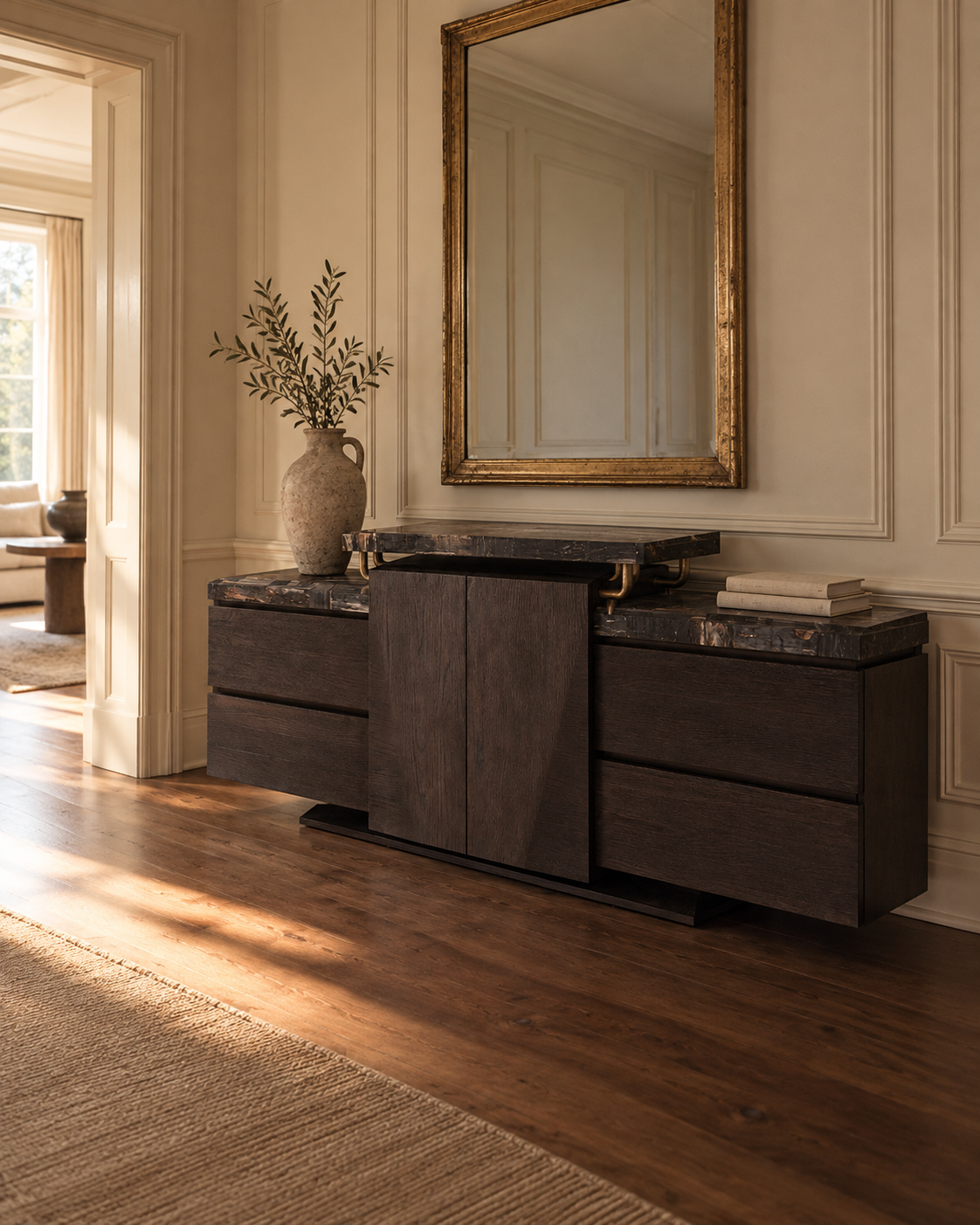 Baker Bill Bensley Kouprey's Credenza with dark oak and petrified wood in a warm alcove.