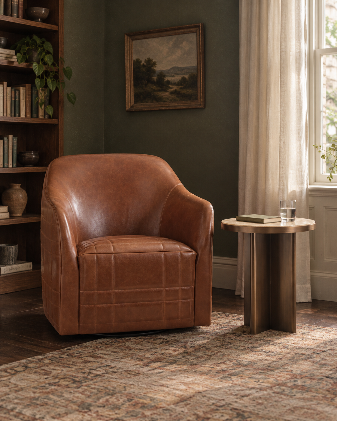 Cognac Theodore Alexander Tartan Curve swivel chair paired with a Baker Calypso onyx side table.