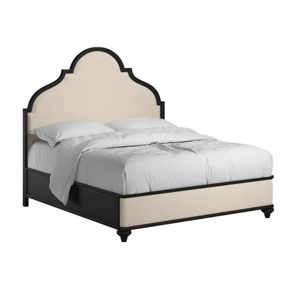 Atrium Upholstered Queen Bed — hand rubbed black with undertones of brown